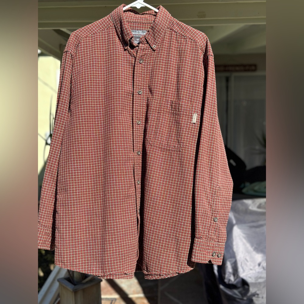 WOOLRICH Button Up Men’s LG Shirt Copper Plaid Check Long Sleeve Pocket Cotton